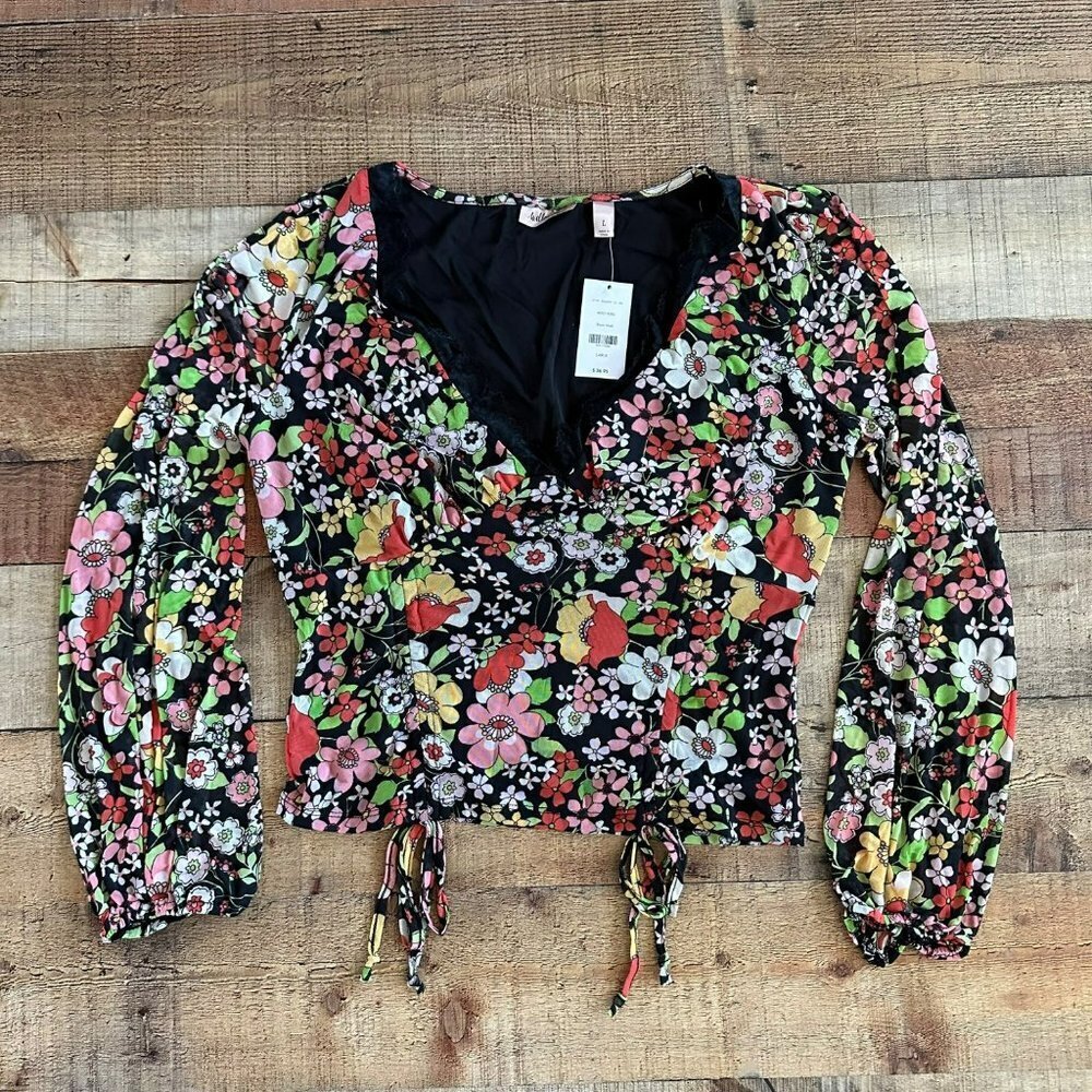 Willow & Root Women's Floral Long Sleeve V-Neck Front Tie Blouse -L